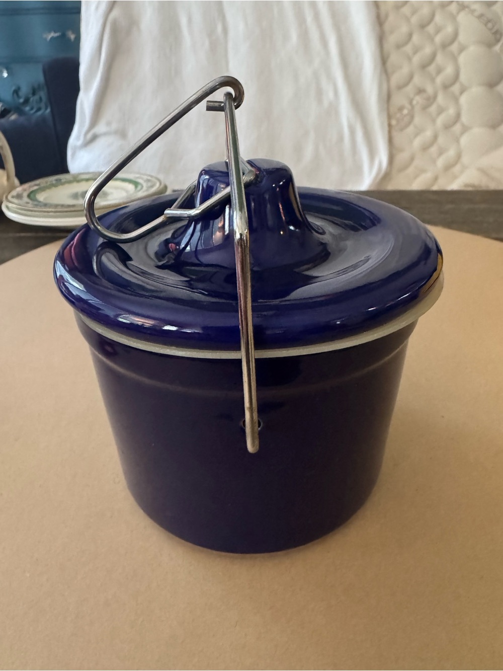 Vintage Cobalt Blue Stoneware Cheese Crock